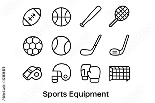 Sports Icon Set. Sports Equipment. Line icon set of Sports Equipment: football, basketball, baseball bat, tennis racket, soccer ball, hockey stick, golf club,