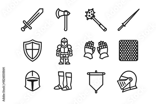 Medieval Combat Icons. Medieval Combat. Line icon set of Medieval Combat: sword, battle axe, mace, lance, shield, armored knight, gauntlets, chainmail, helmet,