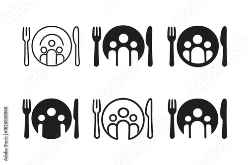 Minimalist Dinner Icons. Family dinner. Icon set. Set Logo of plates and cutlery. harmonious logo variations of the same emblematic concept (Symmetrical form,