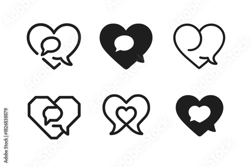 Family Communication Icons. Healthy Communication Within Families. Icon set. Set Logo of Healthy Communication Within Families: connected hearts and speech
