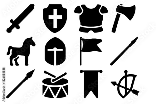 Medieval Battle Icons. Medieval Battle. Solid icon set of Medieval Battle: sword, shield, armor, axe, horse, helmet, flag, bow, arrow, spear, drum, banner.