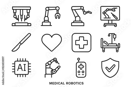 Medical Robotics Icons. Medical robotics. Line icon set of medical robotics: surgical robot, robotic arm, control panel, monitor, scalpel, heart, cross symbol,