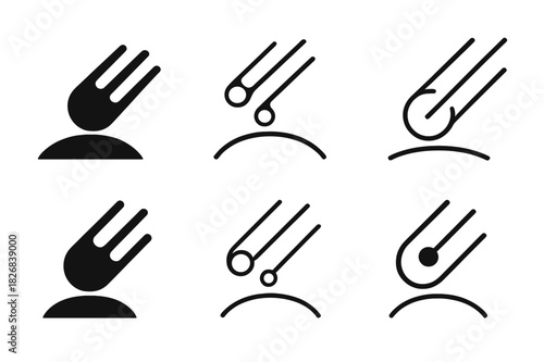 Meteor Shower Logos. Meteor shower. Icon set. Set Logo of meteor shower: Planetary horizon with meteor arc. harmonious logo variations of the same emblematic