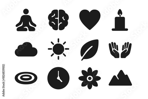 Mindfulness Icon Set. Mindfulness. Line icon set of mindfulness: meditating person, breathing symbol, calm wave, open hand, leaf, candle flame, brain with