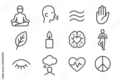Mindfulness Icon Set. Mindfulness. Line icon set of mindfulness: meditating person, breathing symbol, calm wave, open hand, leaf, candle flame, brain with