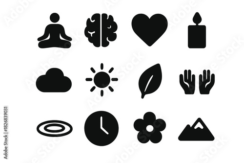 Mindfulness Icon Set. Mindfulness. Line icon set of mindfulness: meditating person, breathing symbol, calm wave, open hand, leaf, candle flame, brain with