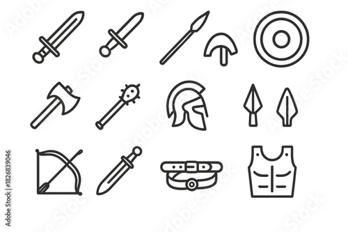 Bronze Weapon Icons. Bronze weapons. Line icon set of bronze weapons: sword, dagger, spear, shield, axe, mace, helmet, arrowhead, bow, scabbard, belt, armor