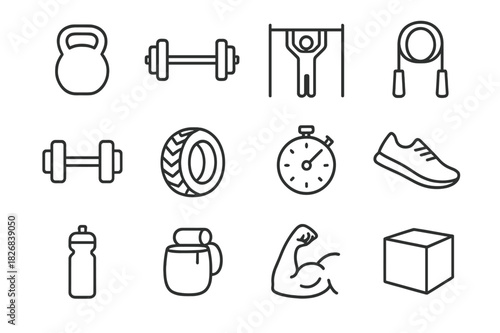 CrossFit Icon Set. CrossFit workouts. Line icon set of CrossFit workouts: kettlebell, barbell, dumbbell, pull-up bar, jump rope, tire, stopwatch, running shoe,