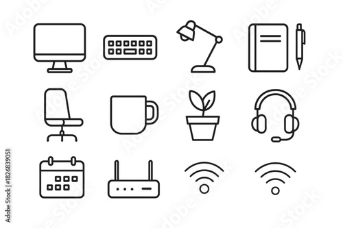 Minimal Home Office Icons. Home Office Setup. Line icon set of Home Office Setup: computer monitor, keyboard, mouse, desk lamp, notebook, pen, chair, coffee