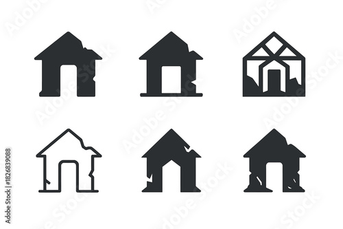 Abandoned House Logos. Dilapidated house with no sign of life. Icon set. Set Logo of abandoned home: hollow doorway. harmonious logo variations of the same