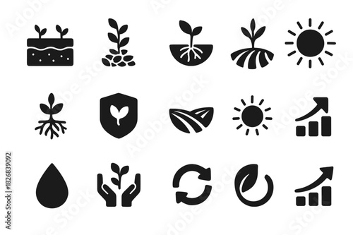 Harvest Icons. Harvest and benefits. Solid icon set of Harvest and benefits: healthy soil, crop yield, plant growth, nitrogen cycle, roots, eco badge, farm