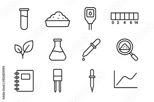 Soil Testing Icons. Soil Testing. Line icon set of Soil Testing: test tube, soil sample, moisture meter, pH scale, leaf, flask, dropper, magnifying glass,