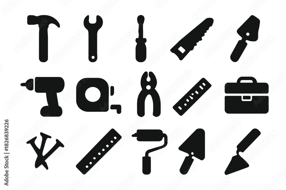 Obraz premium Home Tools Icons. Home improvement tools. Solid icon set of home improvement tools: hammer, wrench, screwdriver, saw, drill, tape measure, pliers, toolbox,