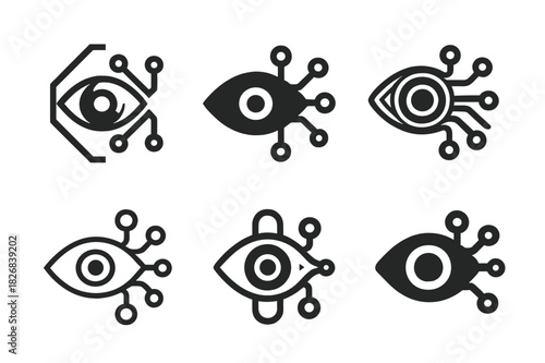 Transhumanism Technology Logos. Transhumanism and technology integration. Icon set. Set Logo of transhumanism and technology integration: Augmented eye
