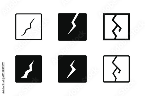Crack Logo Variations. Crack. Icon set. Set Logo of crack: crack in pavement. harmonious logo variations of the same emblematic concept (Abstract geometric,