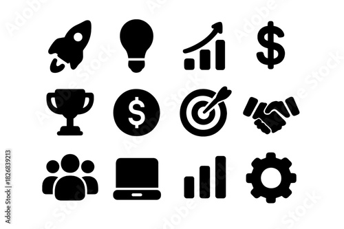 Startup Icon Set. Startup Launch. Solid icon set of Startup Launch: rocket, light bulb, graph, dollar sign, trophy, coin, target, handshake, group, laptop, bar