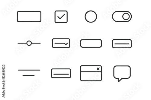 Minimalist UI Icons. UI components. Line icon set of UI components: button, checkbox, radio button, toggle switch, slider, dropdown menu, search bar, text