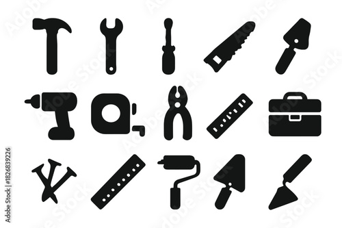 Home Tools Icons. Home improvement tools. Solid icon set of home improvement tools: hammer, wrench, screwdriver, saw, drill, tape measure, pliers, toolbox,