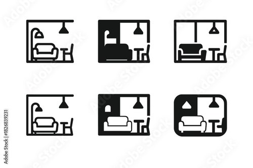 Modern Design Icons. Interior design for modern homes. Icon set. Set Logo of interior design for modern homes: open floor plan with furniture layout.