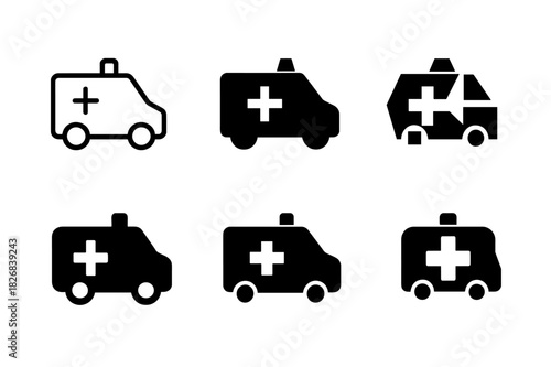Mobile Medical Logos. Mobile medical unit. Icon set. Set Logo of mobile medical unit: ambulance van. harmonious logo variations of the same emblematic concept