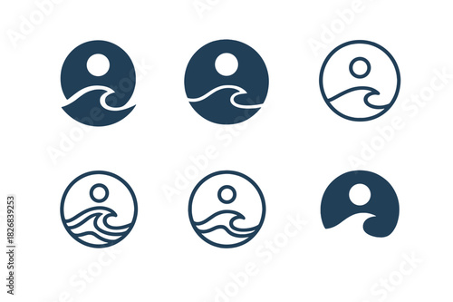 Moonlit Marine Logos. Marine life under moonlit waters. Icon set. Set Logo of marine life under moonlit waters: serene ocean wave under moon. harmonious logo