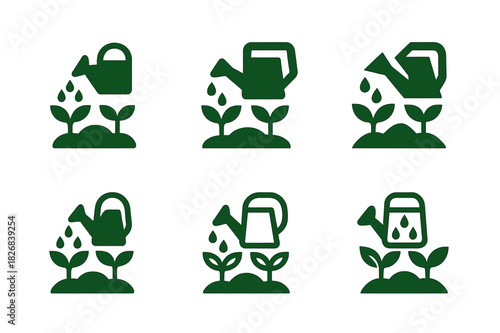 Sustainable Farming Logos. Sustainable farming practices. Icon set. Set Logo of sustainable farming: watering can nourishing plants. harmonious logo variations