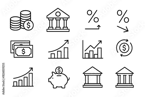 Monetarism Icon Set. Monetarism. Line icon set of Monetarism: money supply, central bank, inflation rate, interest rate, currency stack, economic growth arrow,
