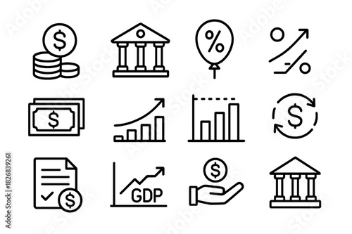 Monetarism Icon Set. Monetarism. Line icon set of Monetarism: money supply, central bank, inflation rate, interest rate, currency stack, economic growth arrow,