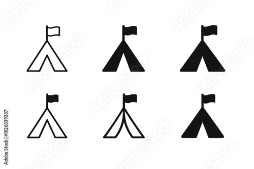 Migration Icon Set. Global Migration & Refugee Issues. Icon set. Set Logo of camp tent with flag. harmonious logo variations of the same emblematic concept