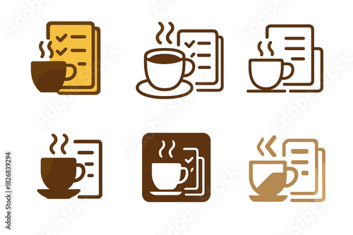 Morning Checklist Logos. Planning the workday with a morning checklist. Icon set. Set Logo of planning the workday with a morning checklist: coffee cup and