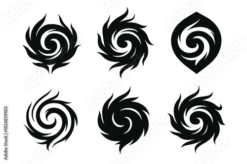 Whirlwind Emblem Logos. Whispers of torment in the air. Icon set. Set Logo of whispers of torment in the air: dark swirling vortex. harmonious logo variations