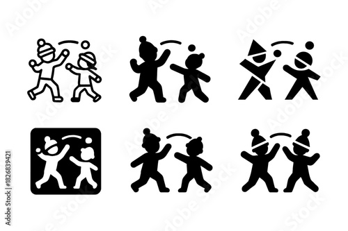 Playful Snowball Fight Logos. Snowball fight. Icon set. Set Logo of snowball fight: playful kids mid-throw with arcing snowballs. harmonious logo variations of