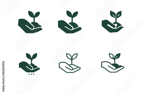 Sustainable Farming Icons. Sustainable farming practices. Icon set. Set Logo of sustainable farming: hand planting seedling. harmonious logo variations of the