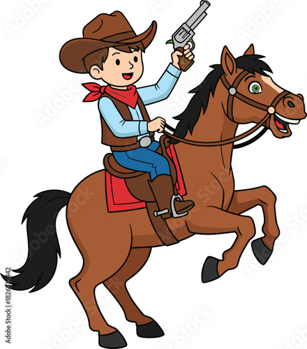 Cute cartoon cowboy character riding a rearing brown horse and holding a revolver, vector illustration of a happy kid western sheriff on a galloping bronco.