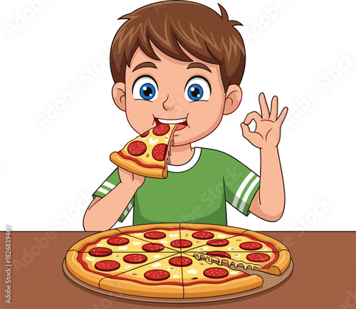 Cute cartoon boy eating a slice of pepperoni pizza and making an OK hand sign, happy vector illustration of a child enjoying fast food or dinner.