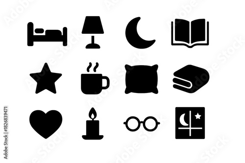 Nighttime Relaxation Icons. Relaxing at night. Solid icon set of relaxing at night: bed, lamp, moon, book, star, cup, pillow, blanket, heart, candle, glasses,