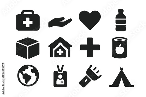 Disaster Relief Icons. Disaster Relief. Solid icon set of Disaster Relief: first aid kit, hand, heart, water bottle, box, shelter, medical cross, food can,