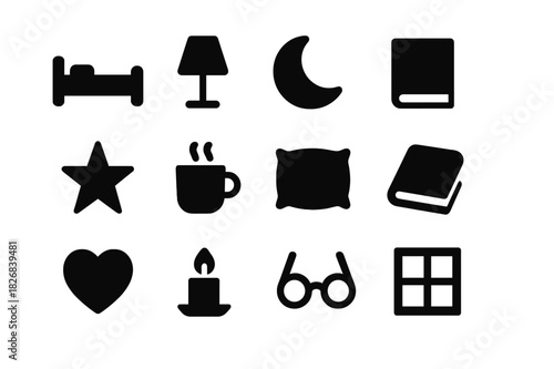 Nighttime Relaxation Icons. Relaxing at night. Solid icon set of relaxing at night: bed, lamp, moon, book, star, cup, pillow, blanket, heart, candle, glasses,