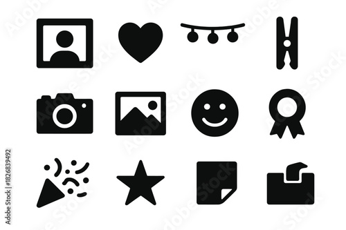 Memory Wall Icons. Memory Wall. Solid icon set of Memory Wall: photo frame, heart, string light, clip, camera, picture, smile face, ribbon, confetti, star,