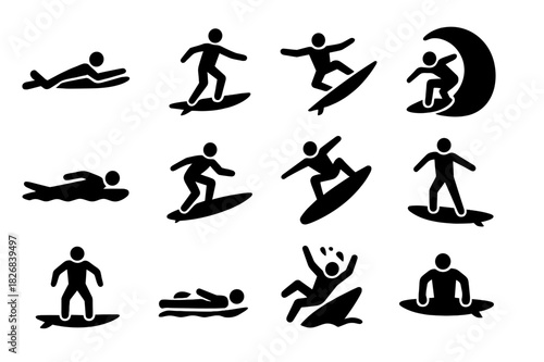 Surfing Icon Set. Surfing techniques. Solid icon set of Surfing techniques: paddling, standing up, turning, carving, duck dive, cutback, aerial, tube ride,