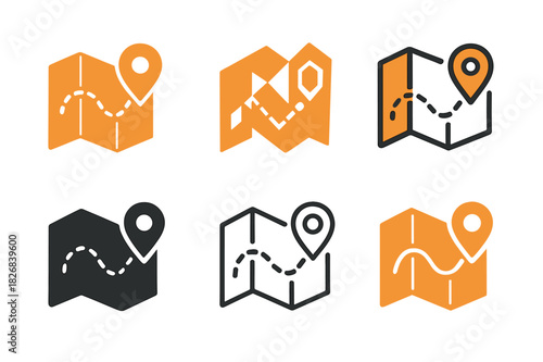 Traveler Logo Variations. Traveler. Icon set. Set Logo of traveler: map and navigation route. harmonious logo variations of the same emblematic concept, each
