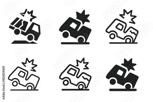 Damaged Vehicle Logos. damaged vehicles. Icon set. Set Logo of damaged vehicles: overturned truck icon. harmonious logo variations of the same emblematic