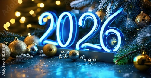 Bright neon sign displays year 2026. Festive ornaments, pine branches create holiday mood. Warm lights enhance celebratory scene.