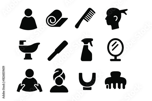 Client Preparation Icons. Client preparation. Solid icon set of Client preparation: cape, towel, comb, hair section, wash basin, brush, spray bottle, mirror,