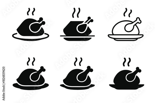 Roasted Chicken Icons. Preparing a roasted chicken with a side of mashed potatoes. Icon set. Set Logo of roasted chicken meal: chicken drumsticks and mashed