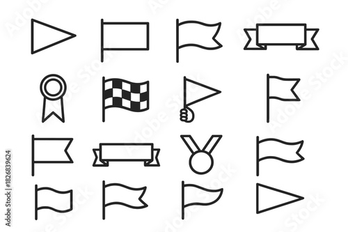 Victory Pennant Icons. Victory pennants. Line icon set of victory pennants: triangular pennant, rectangular pennant, fluttering pennant, ribbon pennant, award