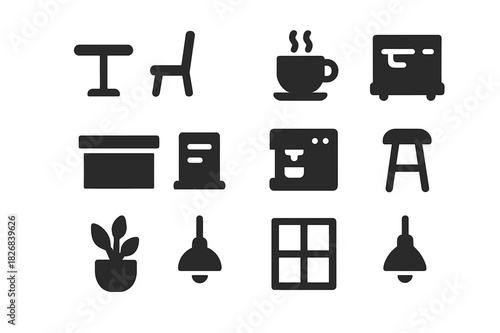 Cafe Interior Icons. Cafe interior scene. Solid icon set of Cafe interior scene: table, chair, coffee cup, counter, menu board, espresso machine, plant, lamp,