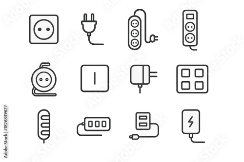 Electrical Icons Set. Electrical setup. Line icon set of electrical setup: wall socket, plug, extension cord, power strip, surge protector, cable reel, power