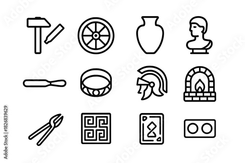 Ancient Tool Icons. Ancient craftsmanship. Line icon set of ancient craftsmanship: hammer, chisel, wheel, pot, sculpture, tool, bracelet, helmet, forge, tongs,