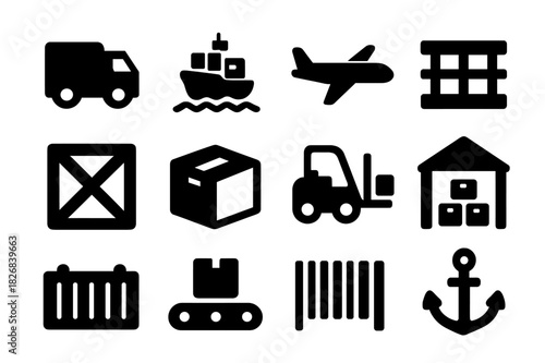 Cargo Transport Icons. Transport cargo. Solid icon set of Transport cargo: truck, cargo ship, cargo plane, pallet, crate, box, forklift, warehouse, shipping